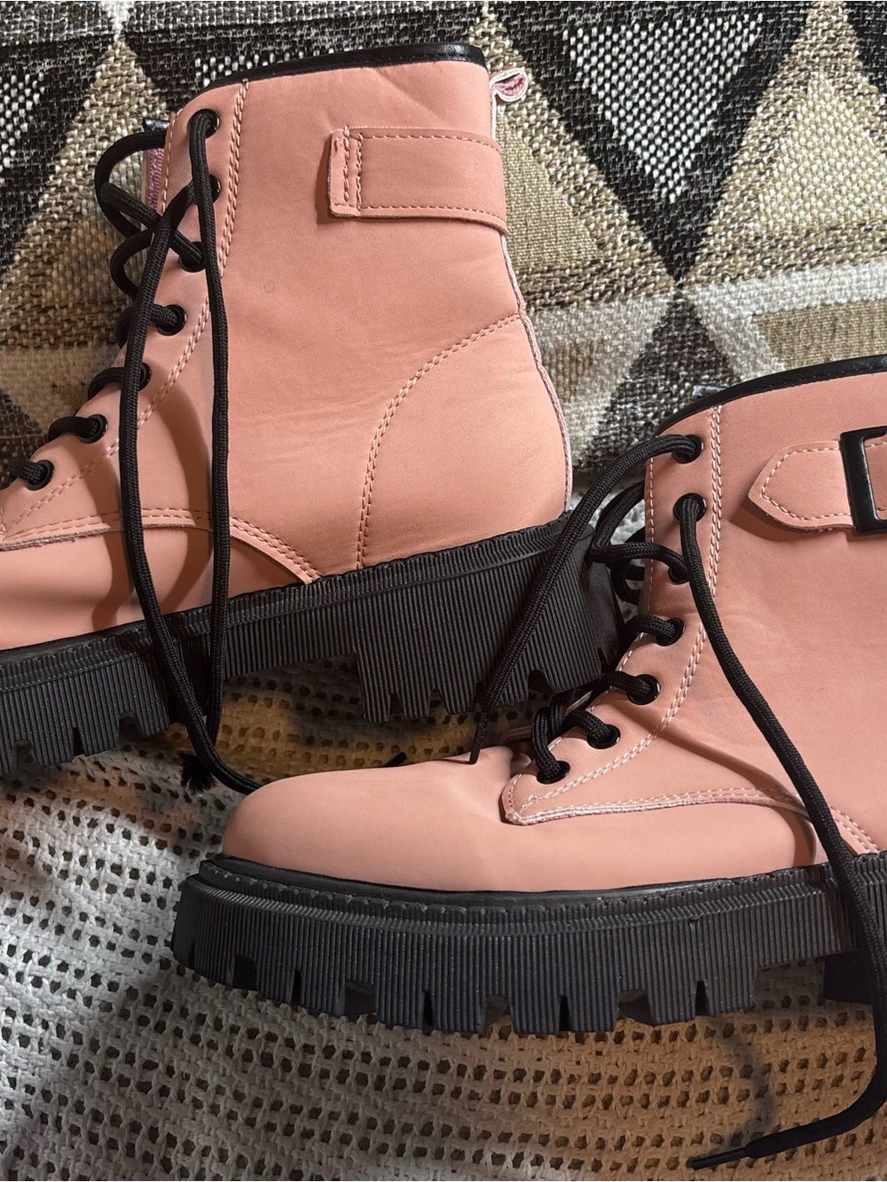 Women’s Pink Combat Ankle Boots Chunky Lug Sole Lace Up Size 37